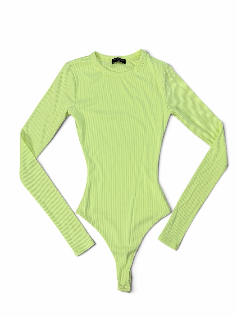 Naked Wardrobe Womens XS Neon Lime Ribbed Long Sleeve Thong Bodysuit NW-B0698